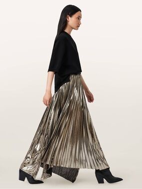 ALL SAINTS JAX PLEATED METALLIC MIDI SKIRT NWT US SIZE 6 BRONZE GOLD